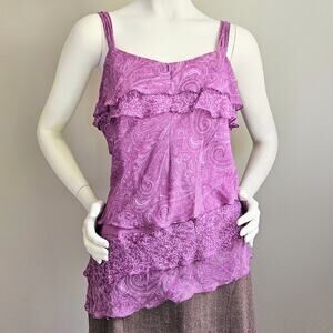 VTG 100% Silk Asymmetrical Paisley Tank Y2K Ruffle Whimsigoth Fairy Size L